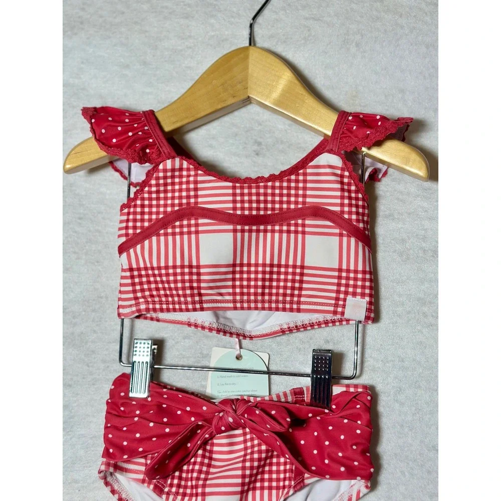 SweetHoney Girls Red White Plaid Polka Dot 2 Piece Swimsuit Bikini 3T NWT
